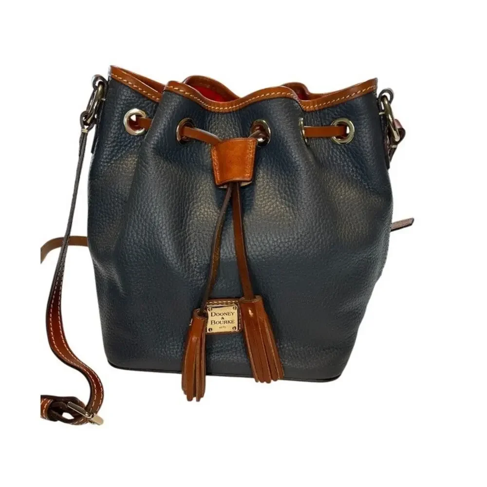 Dooney & Bourke Drawstring Bucket Bag Navy Pebble Leather Tassel Closure - Picture 1 of 16